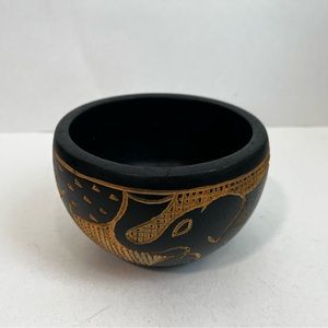 Hand carved and painted wooden bowl - features elephant, trees, and Africa
